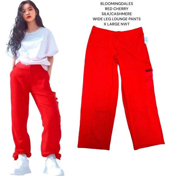 BLOOMINGDALES CHERRY RED SILK CASHMERE WIDE LEG LOUNGE PANTS JOGGERS  XLARGE NWT - Picture 1 of 5